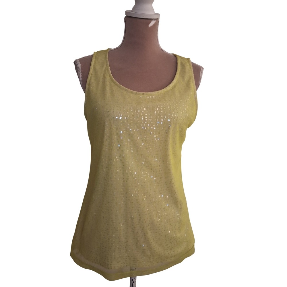 Dana Buchman Womens Lime Yellow Sequin Mesh Tank Top Size Medium Scoop Neck